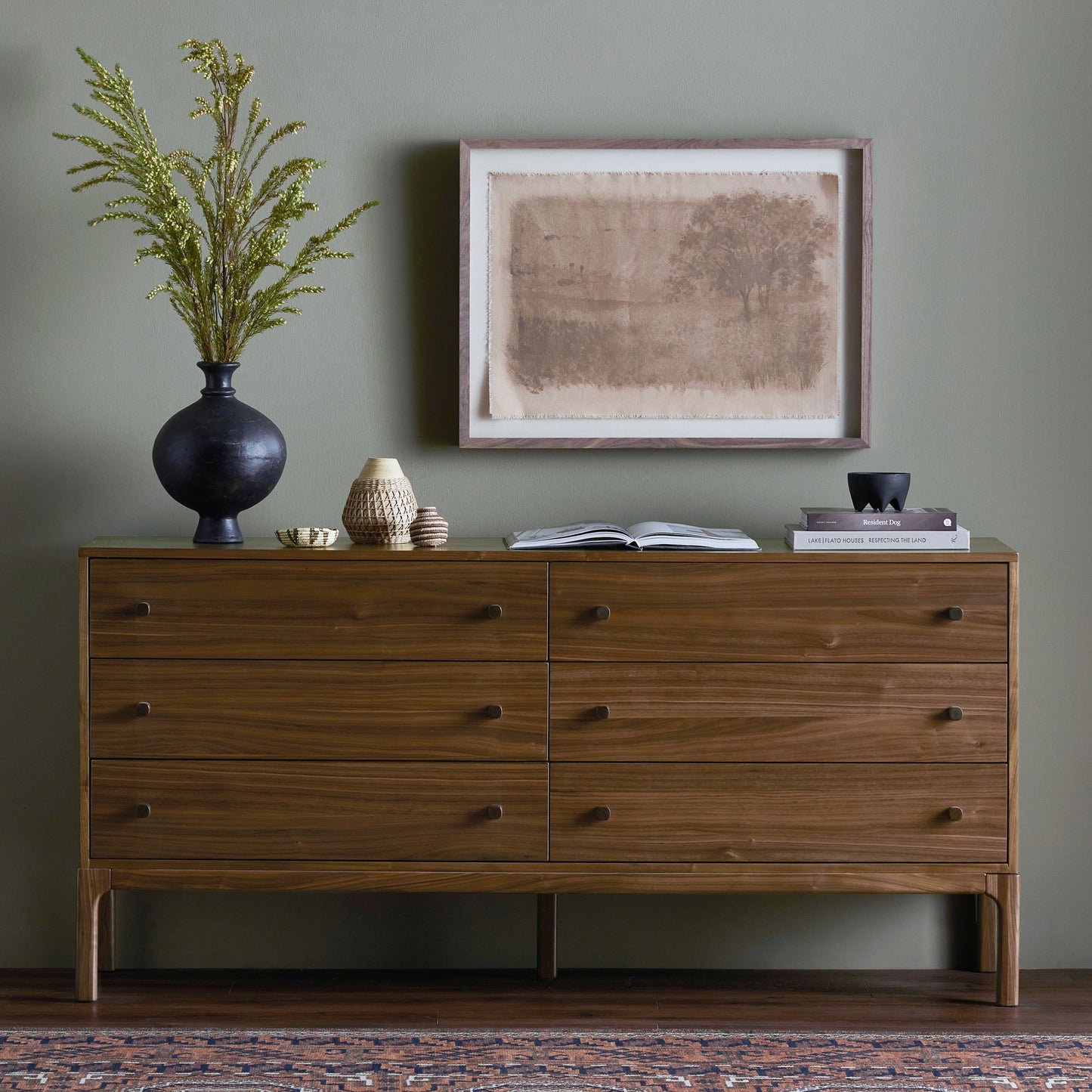 016 SI-2074081 | Lifestyle | Arturo 6 Drawer Dresser by Four Hands in natural walnut. Made from walnut veneer, solid walnut in a modern style.
