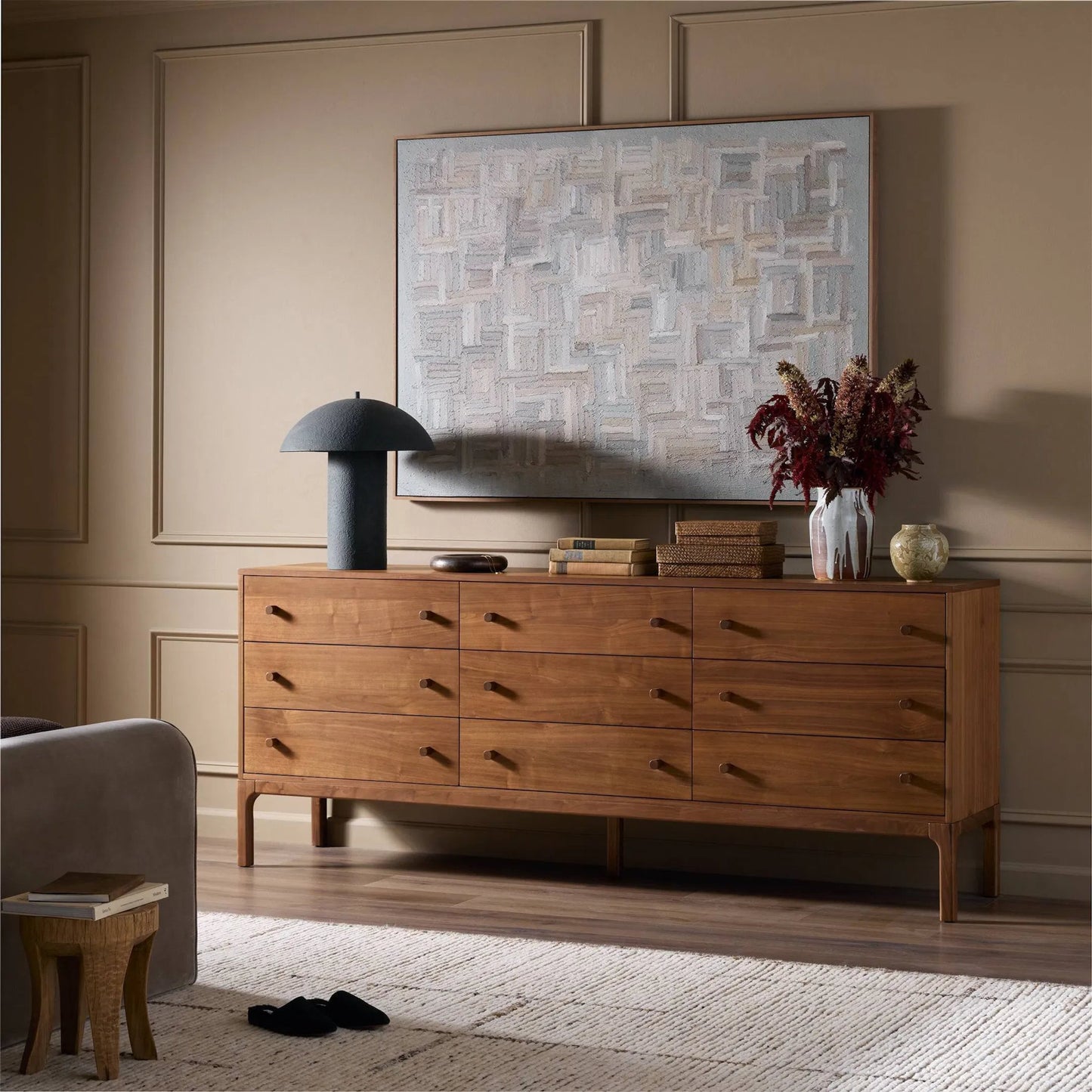 014 SI-2519077 | Lifestyle | Arturo 9 Drawer Dresser by Four Hands in natural walnut veneer. Made from walnut veneer, solid walnut in a unique style.