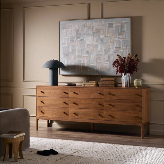 Arturo 9 Drawer Dresser by Four Hands in natural walnut veneer. Made from walnut veneer, solid walnut in a unique style.