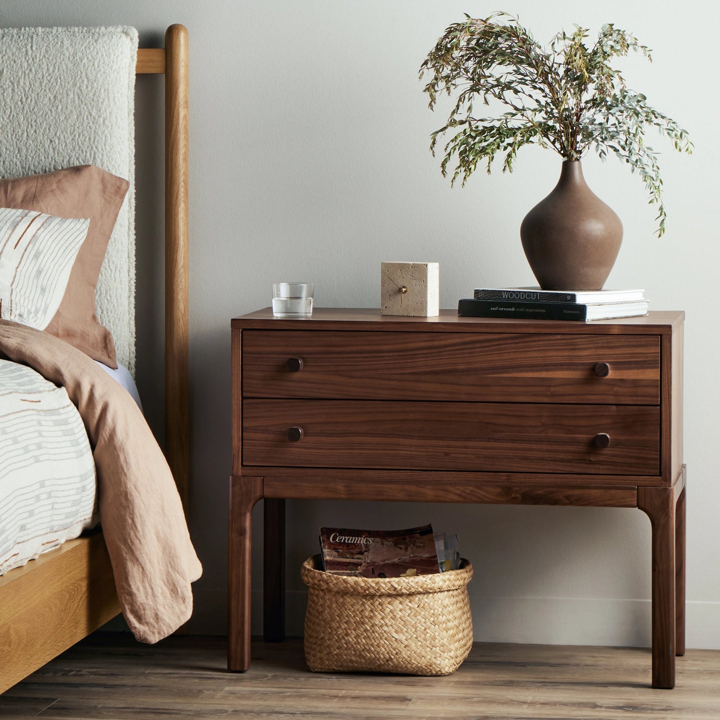 014 SI-2074088 | Lifestyle | Arturo Nightstand by Four Hands in natural walnut. Made from walnut veneer, solid walnut in a modern style.
