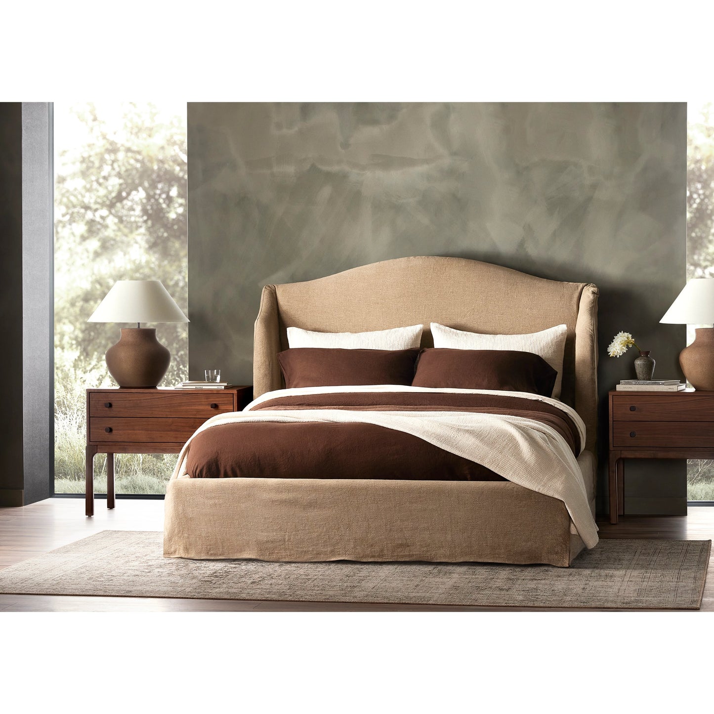 015 SI-2074088 | Lifestyle | Arturo Nightstand by Four Hands in natural walnut. Made from walnut veneer, solid walnut in a modern style.