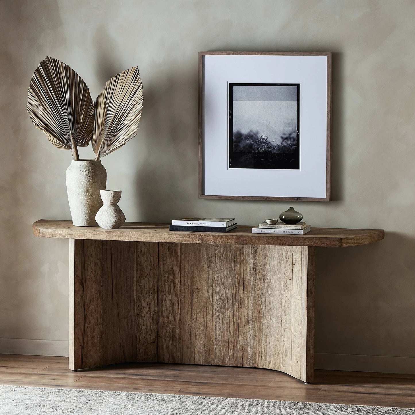 011 SI-2137238 | Lifestyle | Brinton Console Table by Four Hands in rustic oak. Made from thick oak veneer, engineered hardwood in a modern style.