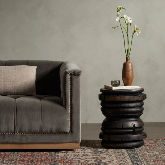 Judah End Table by Four Hands in rubbed black. Made from solid mixed reclaimed wood in a modern style.