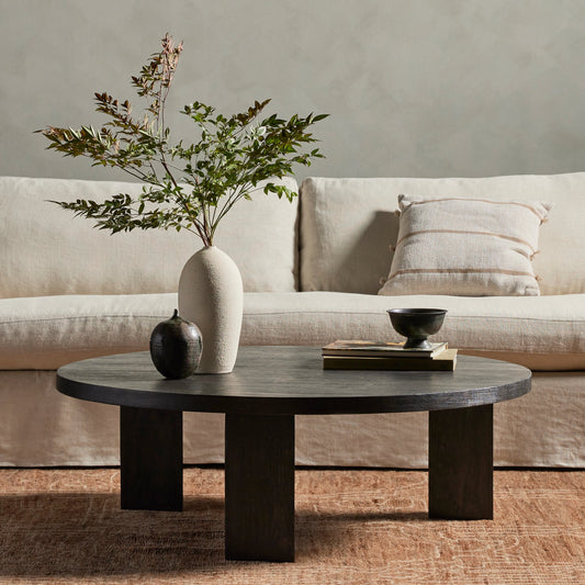 Mesa Large Round Coffee Table by Four Hands. Made from solid parawood, iron in a modern style.