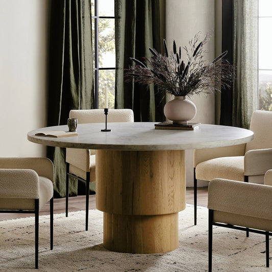 Mariah Round Dining Table 60" by Four Hands in white marble, light blonde oak and white marble. Made from solid marble, solid oak, engineered hardwood in a modern style.