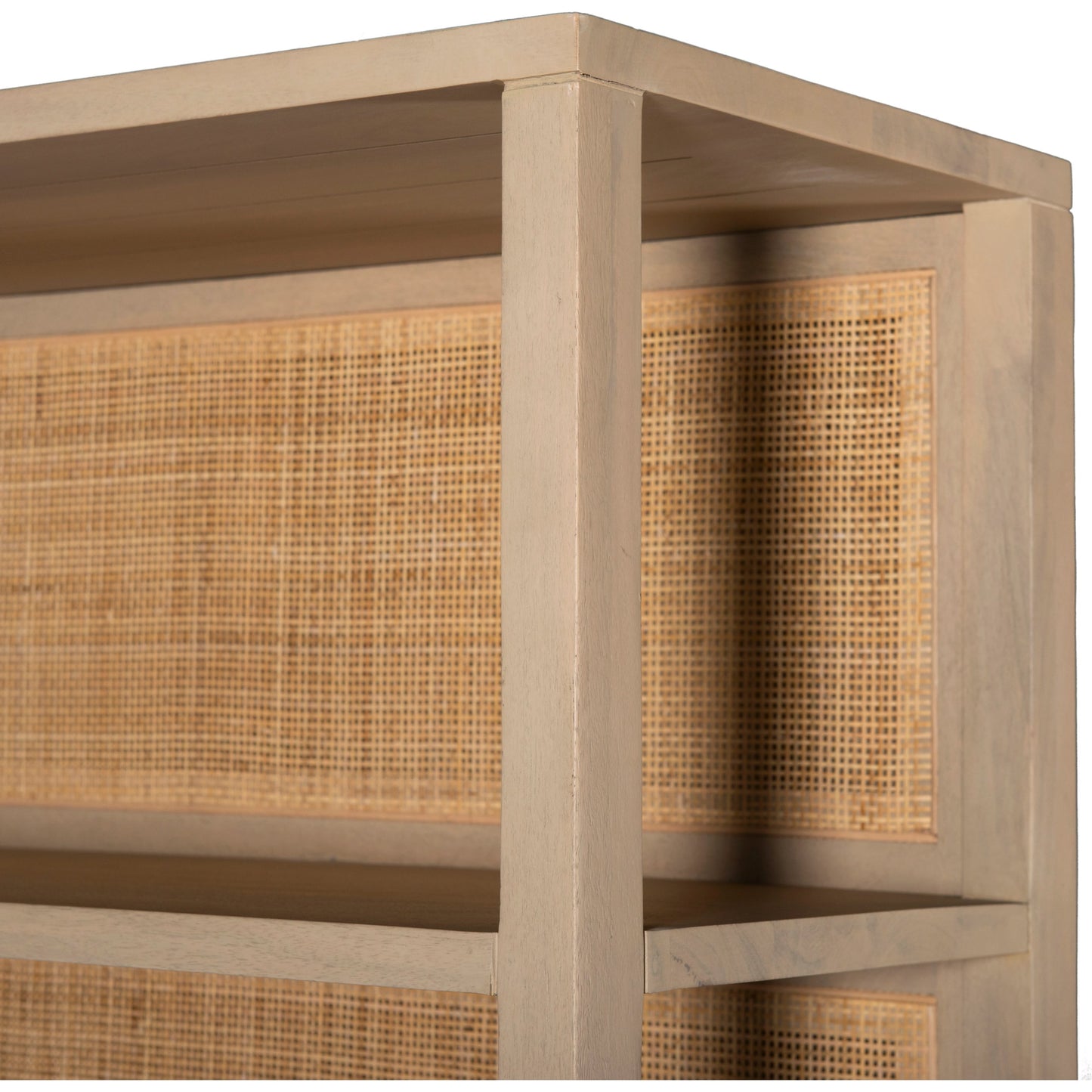 002 SI-1980284 | Additional Silo | Caprice Wide Bookshelf by Four Hands in natural mango, gunmetal, natural cane and natural mango. Made from solid mango, iron in a modern style.