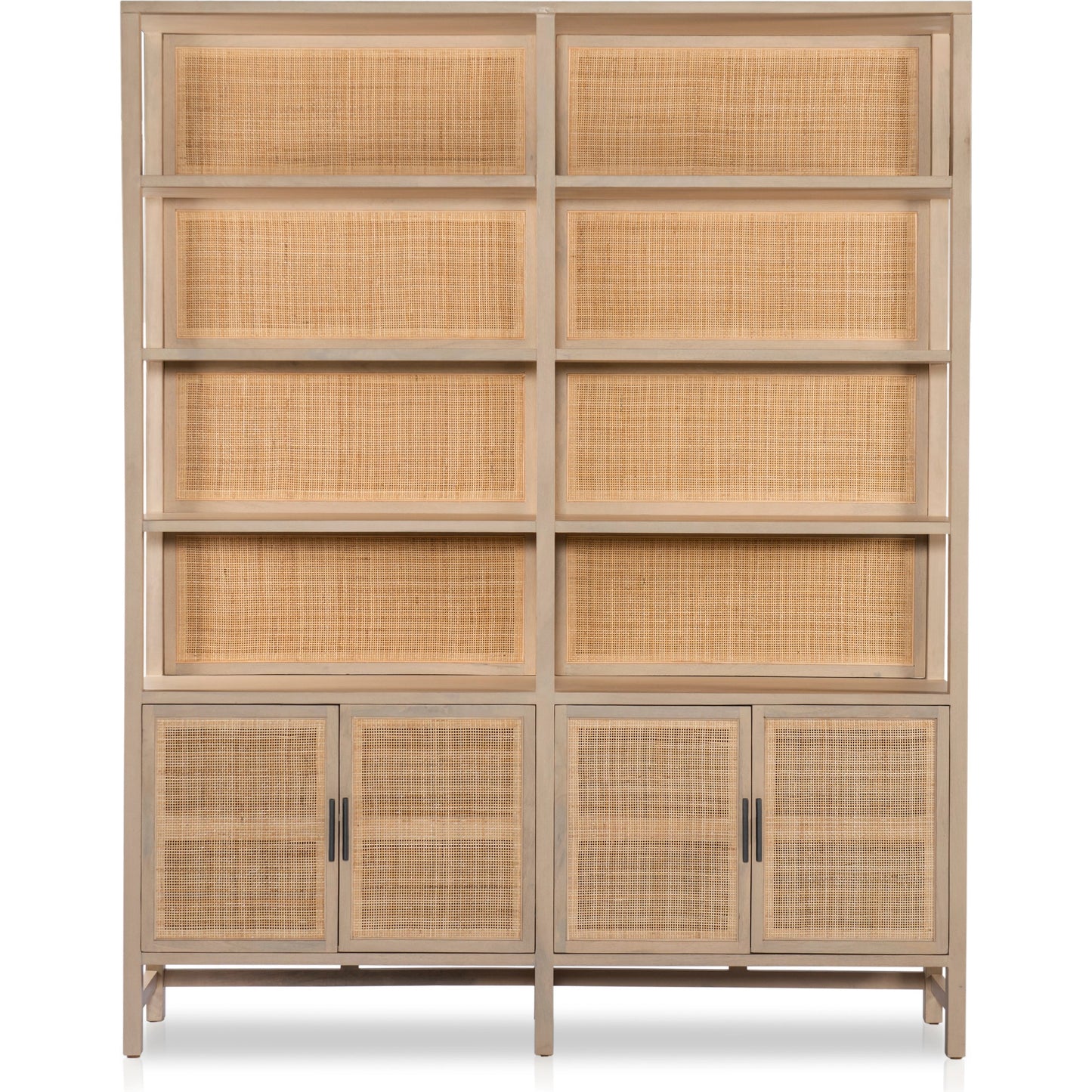 005 SI-1980284 | Additional Silo | Caprice Wide Bookshelf by Four Hands in natural mango, gunmetal, natural cane and natural mango. Made from solid mango, iron in a modern style.