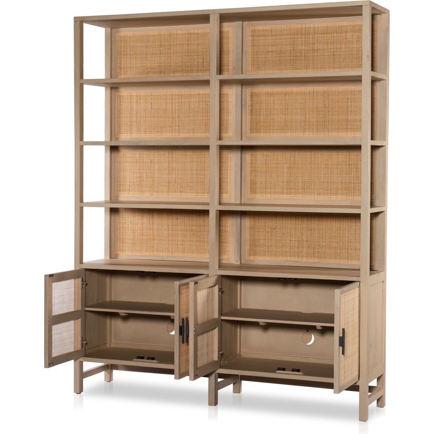 003 SI-1980284 | Additional Silo | Caprice Wide Bookshelf by Four Hands in natural mango, gunmetal, natural cane and natural mango. Made from solid mango, iron in a modern style.