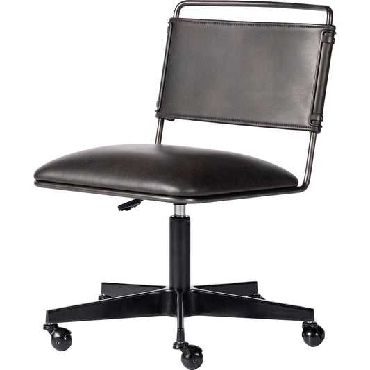 001 SI-2002121 | Primary Silo | Wharton Desk Chair by Four Hands in distressed black. Made from 85% polyester, 15% polyurethane fiber, iron in a modern style.