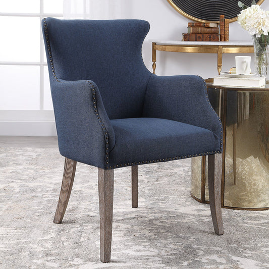 Yareena Chair by Uttermost in blue. Made from oak, plywood, foam, fabric in a transitional style.