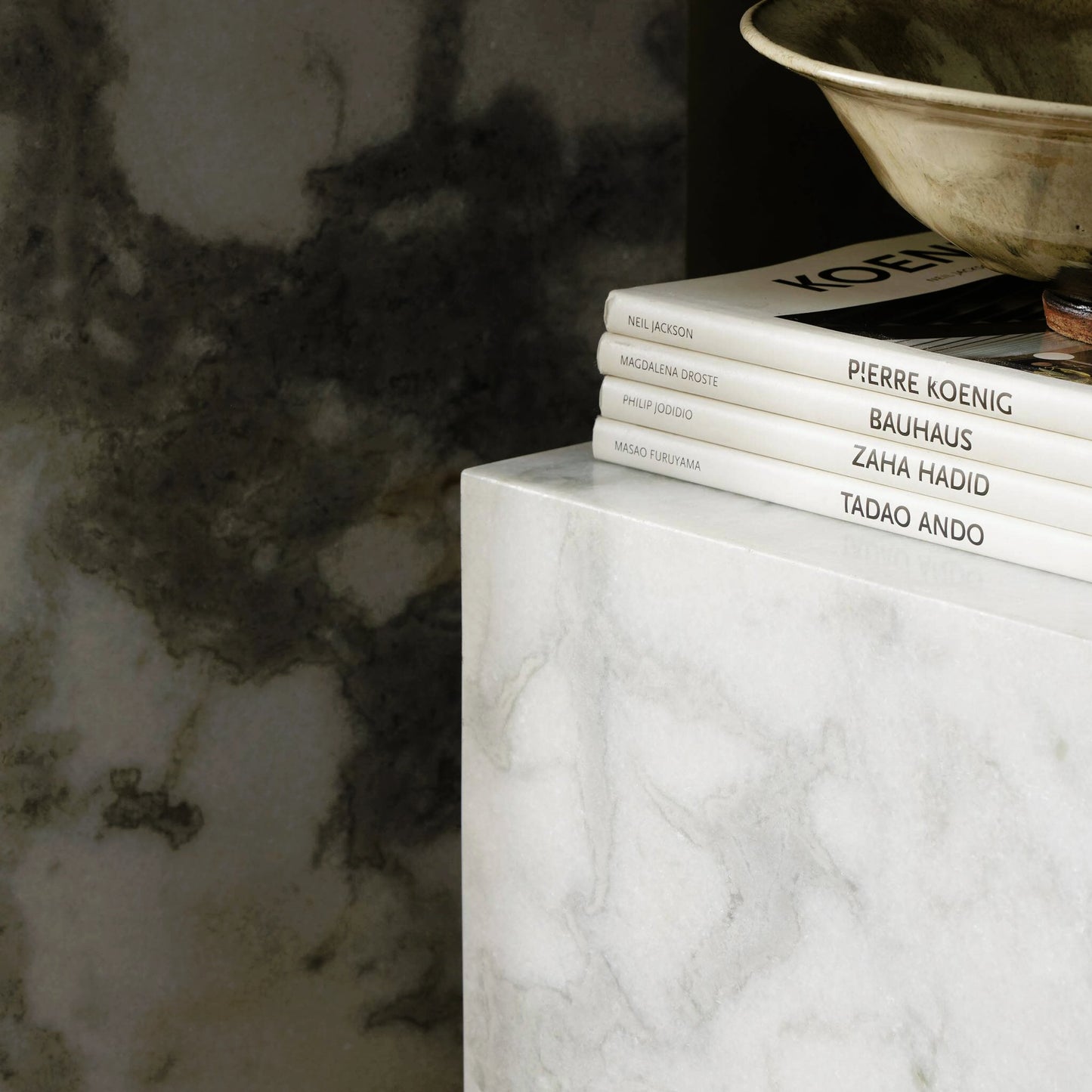 016 SI-2158314 | Closeup | Modern Marble Pedestal by Four Hands in white, grey speckled marble. Made from solid marble, engineered hardwood in a modern style.