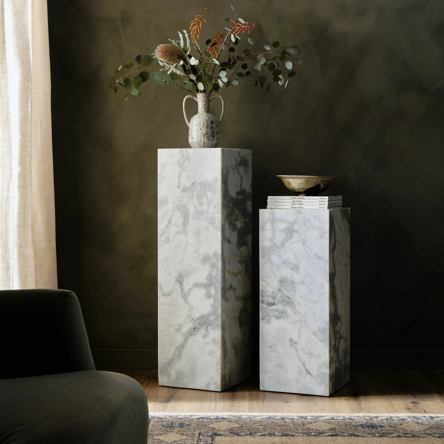 019 SI-2158314 | Lifestyle | Modern Marble Pedestal by Four Hands in white, grey speckled marble. Made from solid marble, engineered hardwood in a modern style.