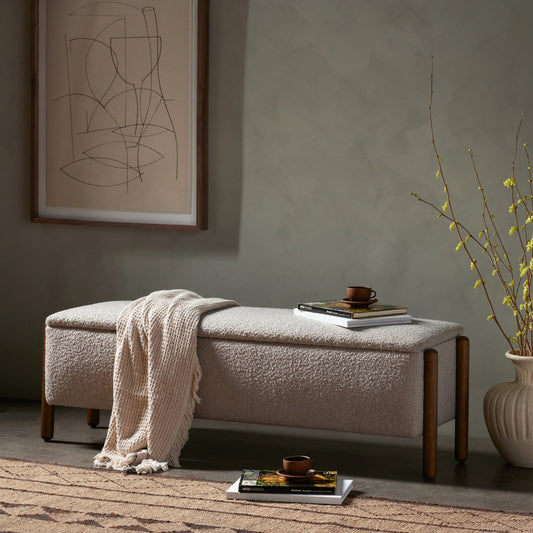 Emma Trunk by Four Hands in knoll sand, weathered sepia. Made from 95% polyester, 5% acrylic, solid parawood, rubberwood plywood in a modern style.