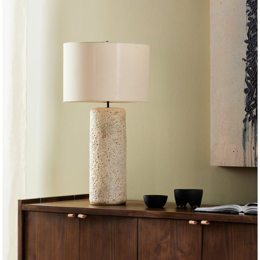 Ozer Table Lamp by Four Hands in reactive white glaze. Made from ceramic, 65% polyester, 35% flax, linen, thermoplastic in a modern style.