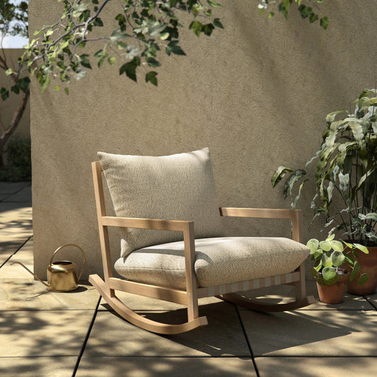 Aiken Outdoor Rocking Chair by Four Hands. Made from 100% olefin, solid fsc®-certified teak, 100% polypropylene in a modern style.