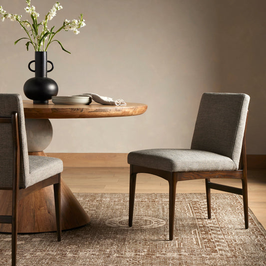 Abida Dining Chair by Four Hands in alcala nickel, burnt nettlewood. Made from 70% polyester, 20% viscose (rayon), 10% flax, linen, solid nettlewood, 100% polyester in a modern style.