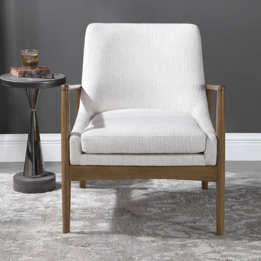 Bev Accent Chair by Uttermost in white. Made from rubber wood, bent wood, foam, fabric in a modern style.