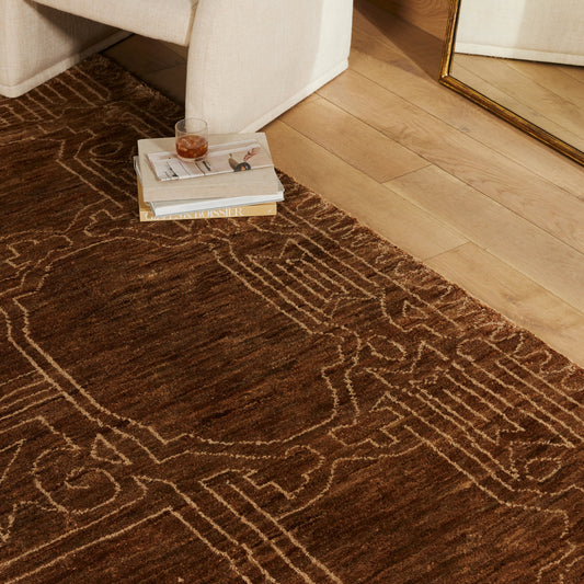 Tozi Hand Knotted Jute Rug by Four Hands in tozi jute brown. Made from 70% jute, 30% wool in a unique style.