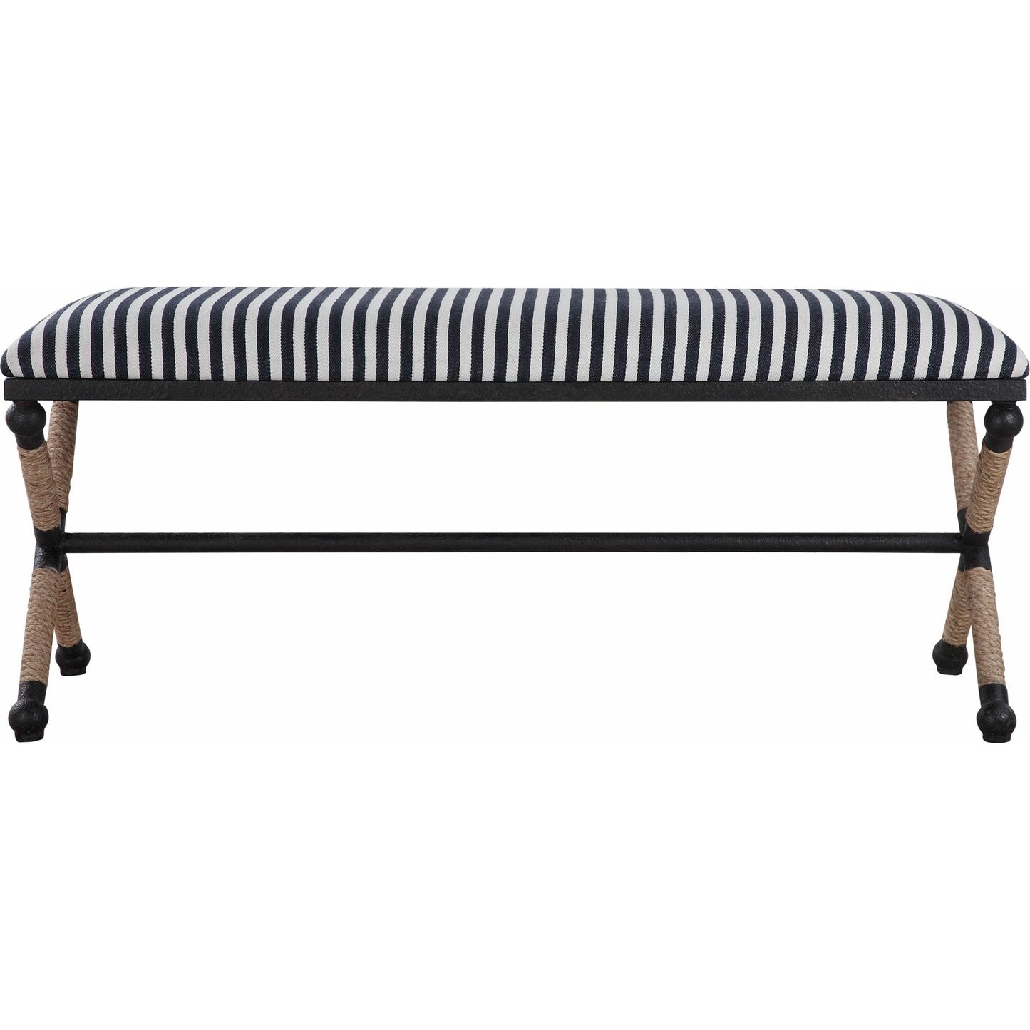 001 SR-766708 | Additional Silo | Braddock Bench by Uttermost in navy, cream. Made from iron, mdf, rope, foam, fabric in a coastal style.