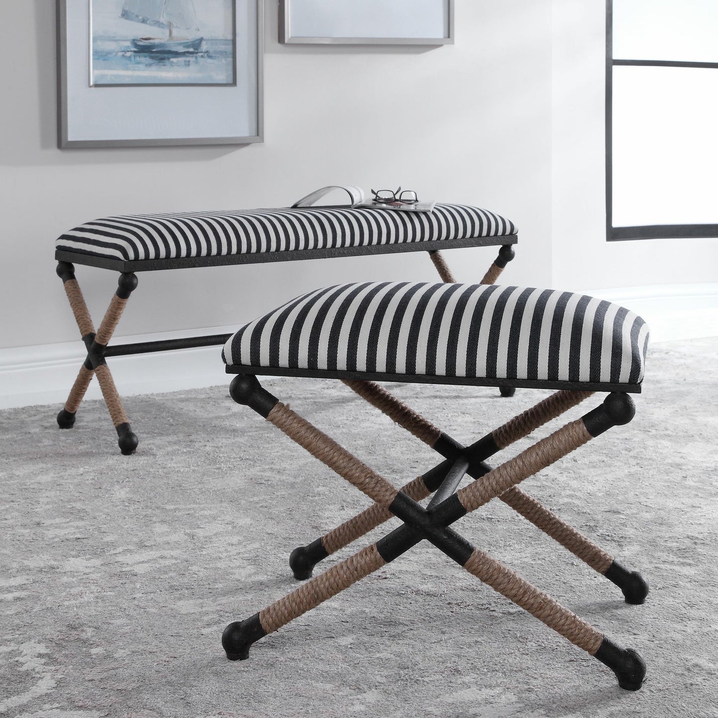 009 SR-766708 | Lifestyle | Braddock Bench by Uttermost in navy, cream. Made from iron, mdf, rope, foam, fabric in a coastal style.
