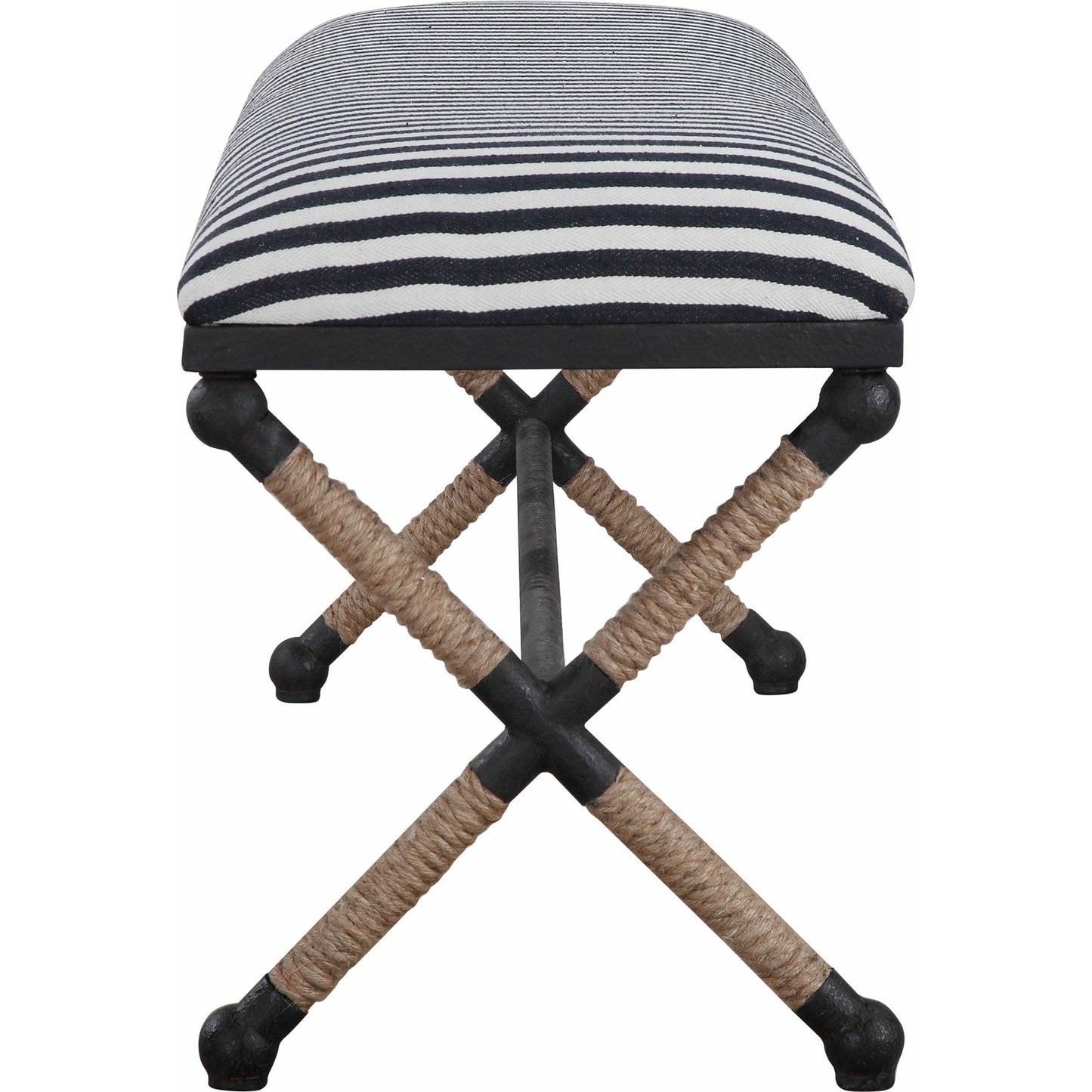 002 SR-766708 | Additional Silo | Braddock Bench by Uttermost in navy, cream. Made from iron, mdf, rope, foam, fabric in a coastal style.