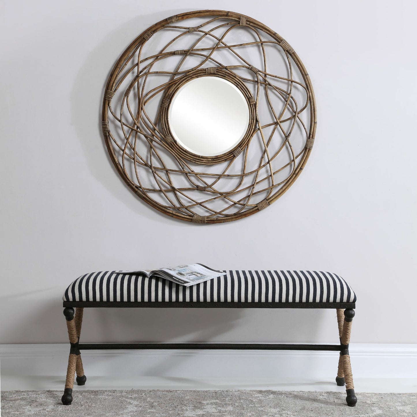 004 SR-766708 | Additional Silo | Braddock Bench by Uttermost in navy, cream. Made from iron, mdf, rope, foam, fabric in a coastal style.