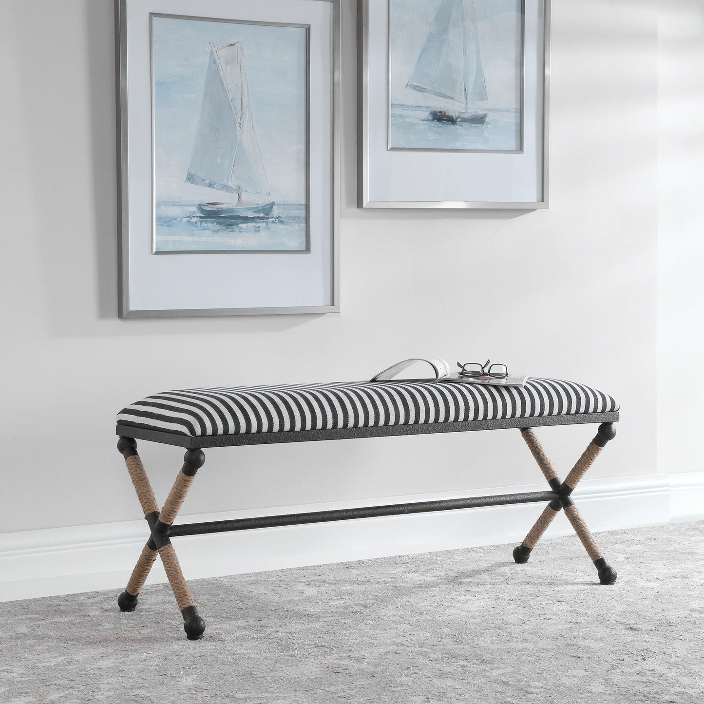 005 SR-766708 | Additional Silo | Braddock Bench by Uttermost in navy, cream. Made from iron, mdf, rope, foam, fabric in a coastal style.