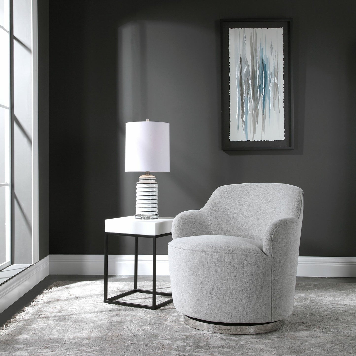 009 SR-766710 | Lifestyle | Hobart Casual Swivel Chair by Uttermost. Made from plywood, stainless steel, fabric, foam in a modern style.