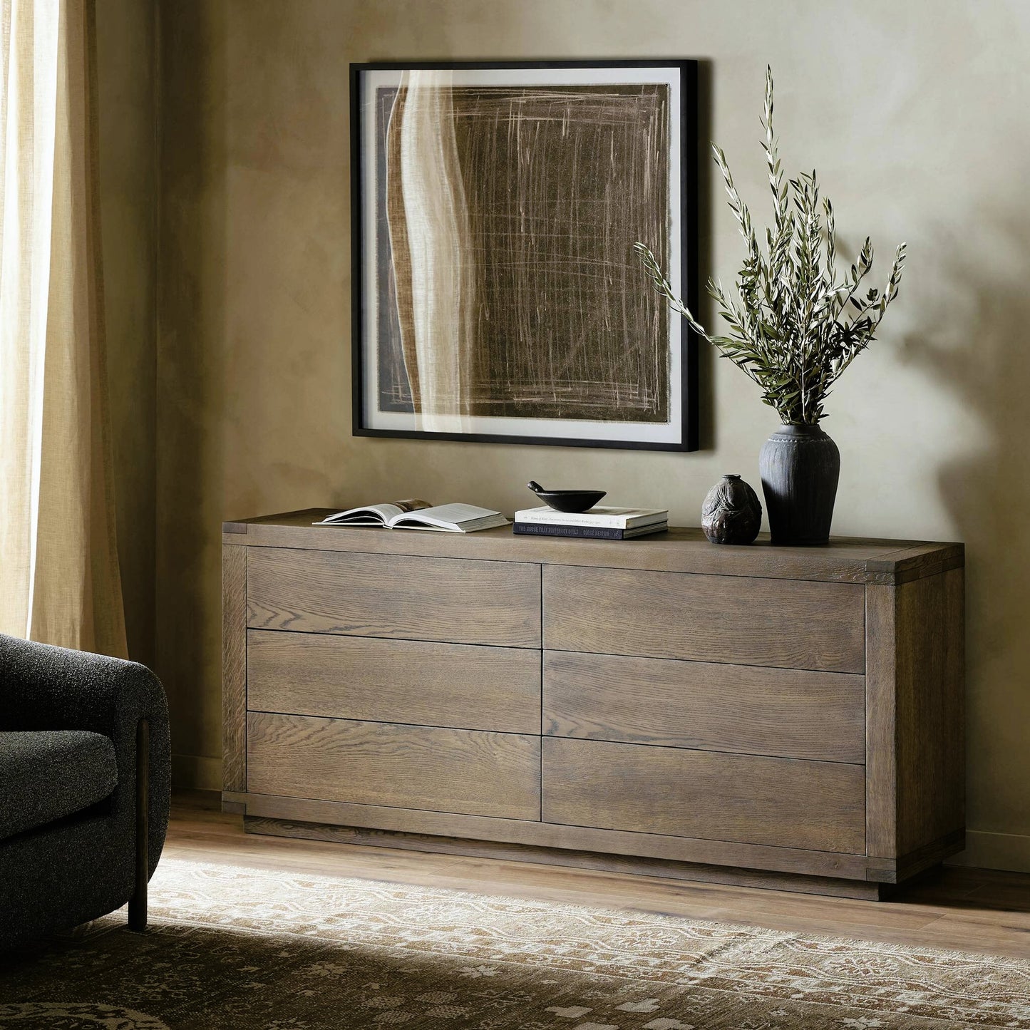 011 SI-2158568 | Lifestyle | Warby 6 Drawer Dresser by Four Hands in worn oak veneer and worn oak veneer. Made from oak veneer, solid oak in a modern style.