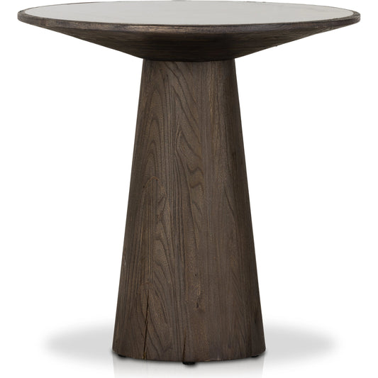Skye End Table by Four Hands in weathered dark elm, white marble. Made from solid marble, solid reclaimed elm, solid oak in a modern style.