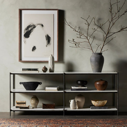Felix Large Console Table by Four Hands in hammered grey. Made from iron, solid marble, engineered hardwood in a modern style.