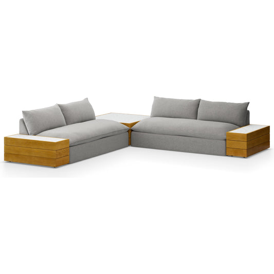 001 SI-1902148 | Additional Silo | Grant Outdoor 2-PC Sectional with Coffee & End Tables by Four Hands in faye ash, white marble and natural teak. Made from 100% olefin, solid fsc®-certified teak, solid marble in a modern style.