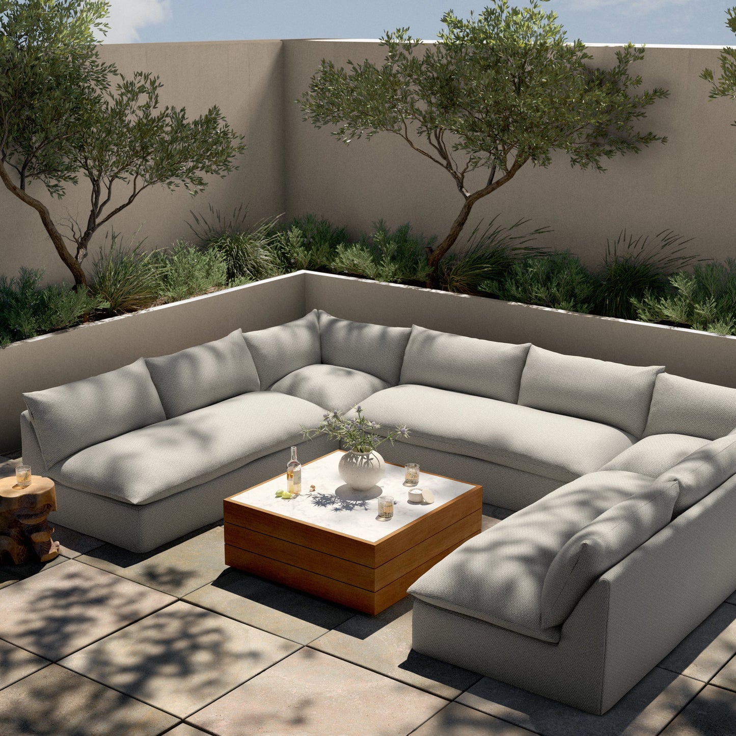 007 SI-1902316 | Lifestyle | Grant Outdoor 5-PC Sectional by Four Hands in faye ash. Made from 100% olefin, 91% polyurethane foam pad, 9% polyester fiber batting in a transitional style.