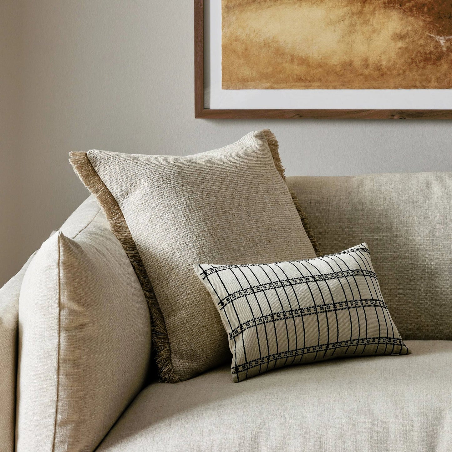 020 SI-2137342 | Lifestyle | Handwoven Chiapas Pillow by Four Hands in ivory cotton, off white canvas, black cotton and ivory cotton. Made from 100% cotton in a transitional style.