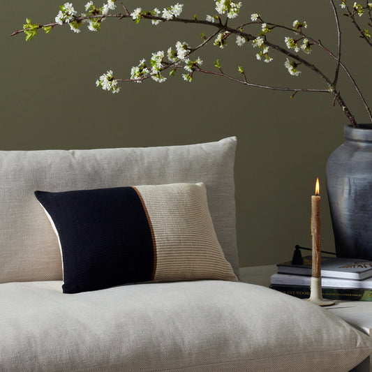 Handwoven Black Merido Pillow by Four Hands in off white canvas, black cotton, khaki cotton. Made from 100% cotton in a transitional style.