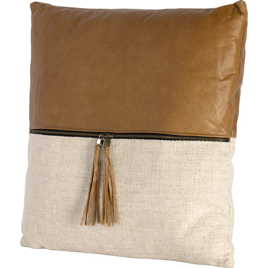 001 SI-1977474 | Additional Silo | Leather and Linen Block Pillow by Four Hands in thames cream, sonoma butterscotch. Made from 66% polyester, 19% acrylic, 15% flax, linen, top grain leather, down alternative fiber in a transitional style.