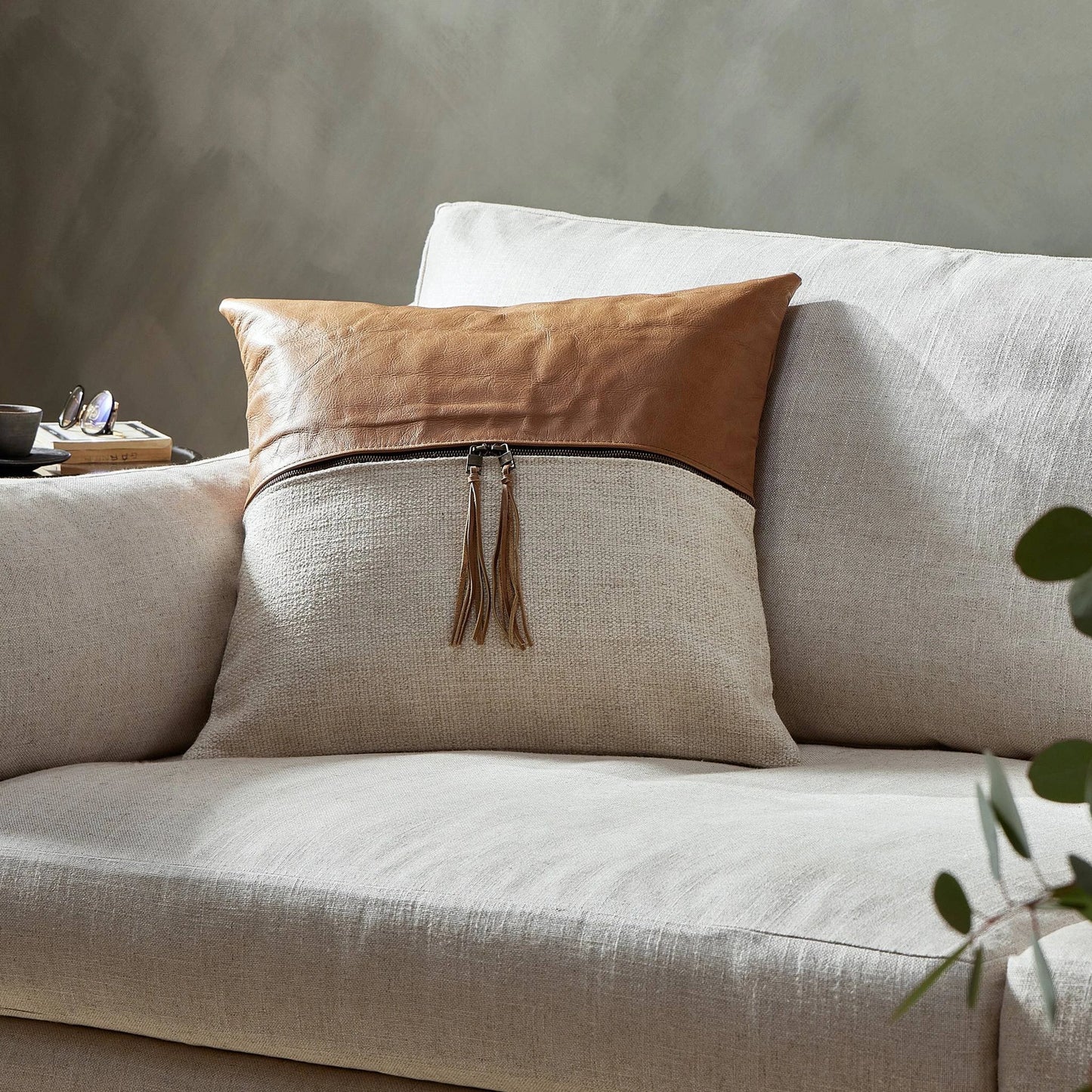 009 SI-1977474 | Lifestyle | Leather and Linen Block Pillow by Four Hands in thames cream, sonoma butterscotch. Made from 66% polyester, 19% acrylic, 15% flax, linen, top grain leather, down alternative fiber in a transitional style.