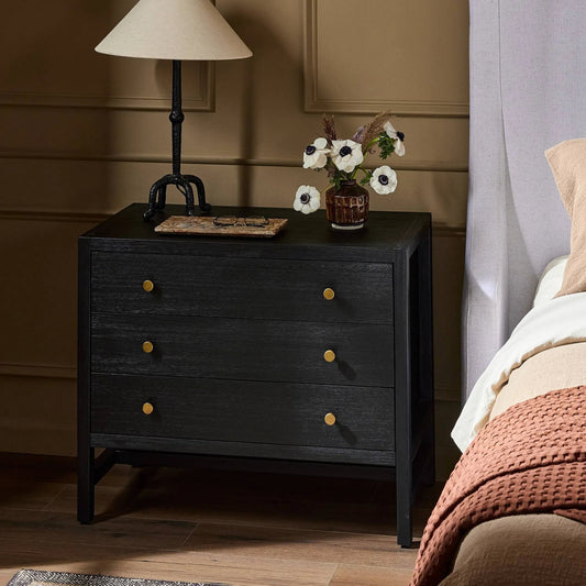 Sullivan Nightstand by Four Hands in saddle tan veneer, saddle tan, golden brass. Made from unique in a modern style.