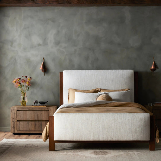 Willem Bed by Four Hands in omari natural, saddle tan oak, saddle tan oak veneer. Made from 79% polyester, 16% viscose (rayon), 5% flax/linen, solid oak, oak veneer in a modern style.