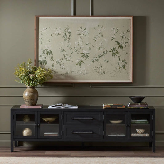 Laker Media Console by Four Hands in black oak. Made from solid oak, rush, oak veneer in a modern style.