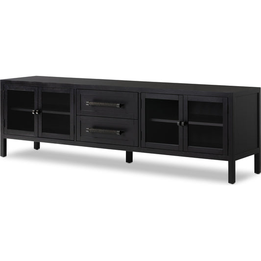 Laker Media Console by Four Hands in black oak. Made from solid oak, rush, oak veneer in a modern style.
