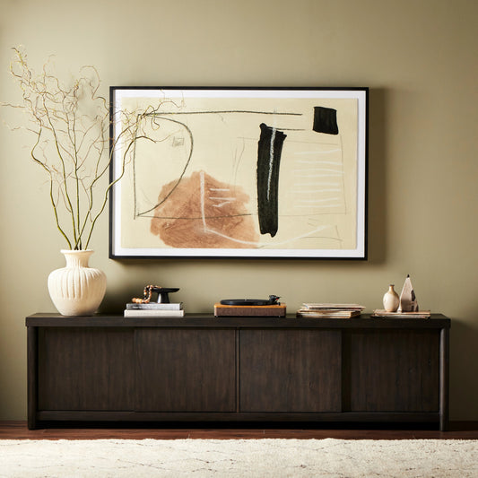 Laredo Media Console by Four Hands in smoked black. Made from solid oak, thick oak veneer in a modern style.