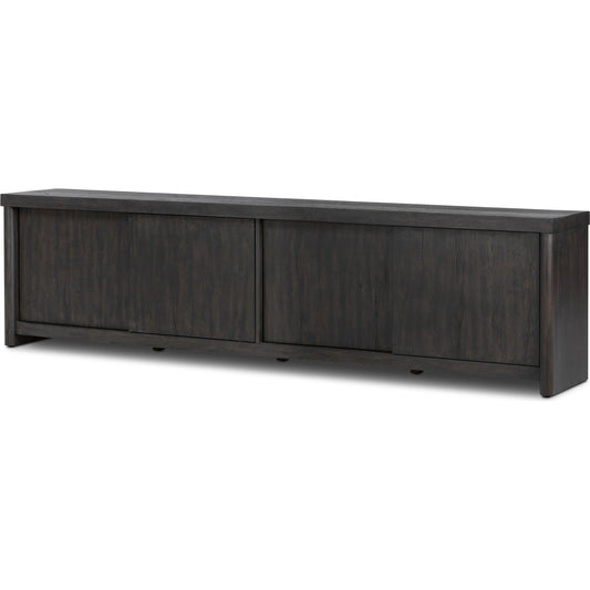 Laredo Media Console by Four Hands in smoked black. Made from solid oak, thick oak veneer in a modern style.