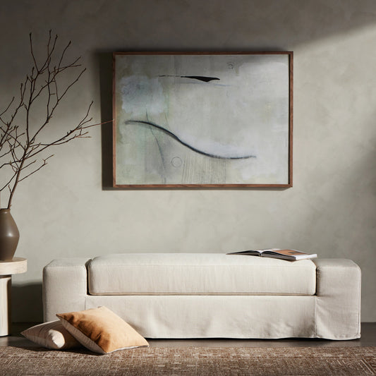 Wide Arm Slipcover Accent Bench by Four Hands in brussels natural. Made from 100% flax, linen, poplar plywood, 100% polyester in a modern style.