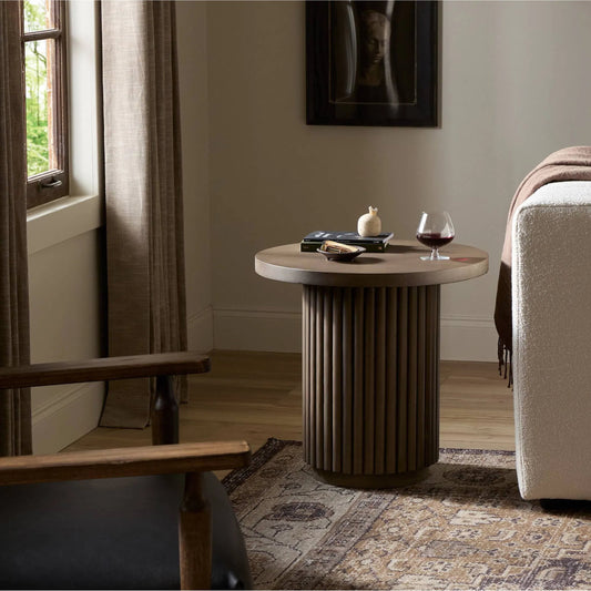 Rutherford End Table by Four Hands in reclaimed ashen brown. Made from solid mixed reclaimed wood, iron in a eclectic & global style.