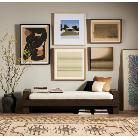 Heavy Wood Accent Bench by Four Hands in alcala cream, sienna brown. Made from 70% polyester, 20% viscose (rayon), 10% flax, linen, solid parawood, 100% polyester in a modern style.