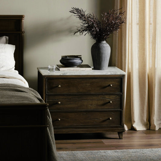 Odette Nightstand by Four Hands in white statuario marble, antique belgium bleach, antique brass. Made from solid marble, solid mixed reclaimed wood, brass in a modern style.