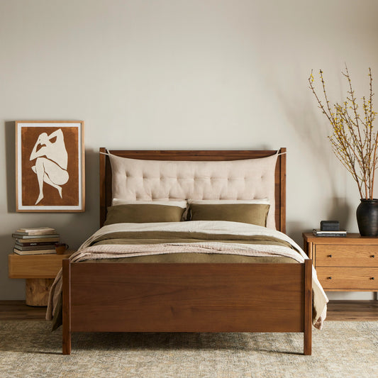 Sullivan Bed by Four Hands in harbor sand and saddle tan. Made from 60% polyester, 40% viscose (rayon), thin acacia veneer in a modern style.