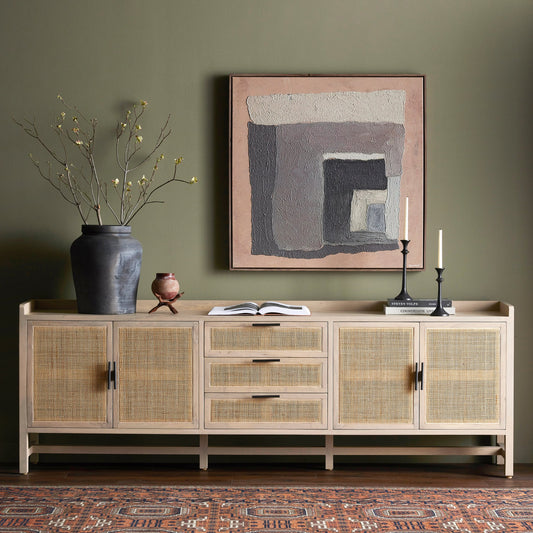 Caprice 96" Sideboard by Four Hands in natural mango. Made from solid mango, iron, cane in a modern style.