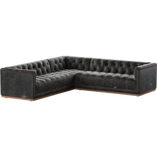 012 SI-1980569 | Primary Silo | Maxx 3-Piece Sectional by Four Hands in destroyed black, aged bronze nailhead, whitewash. Made from top grain leather, solid parawood, iron in a modern style.
